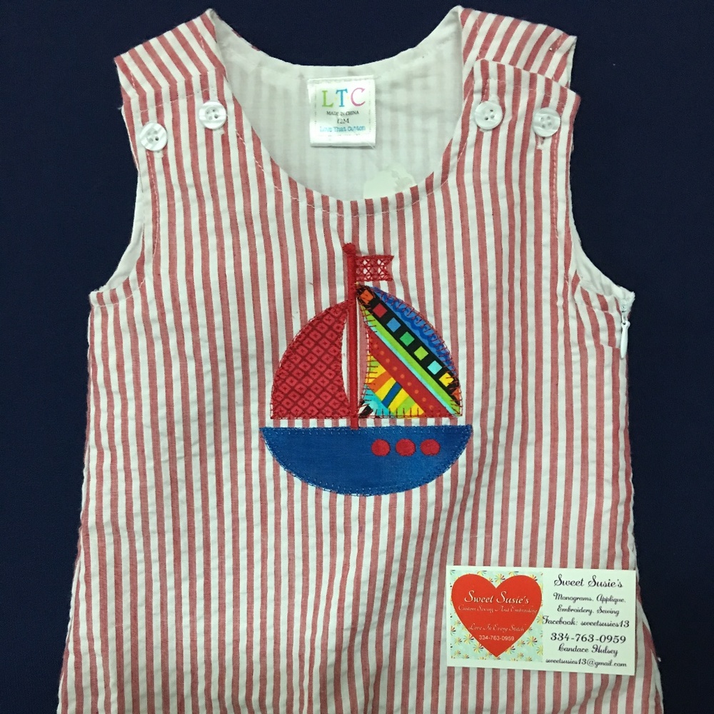 Lined Red Seersucker Jon Jon/Romper  12 month
